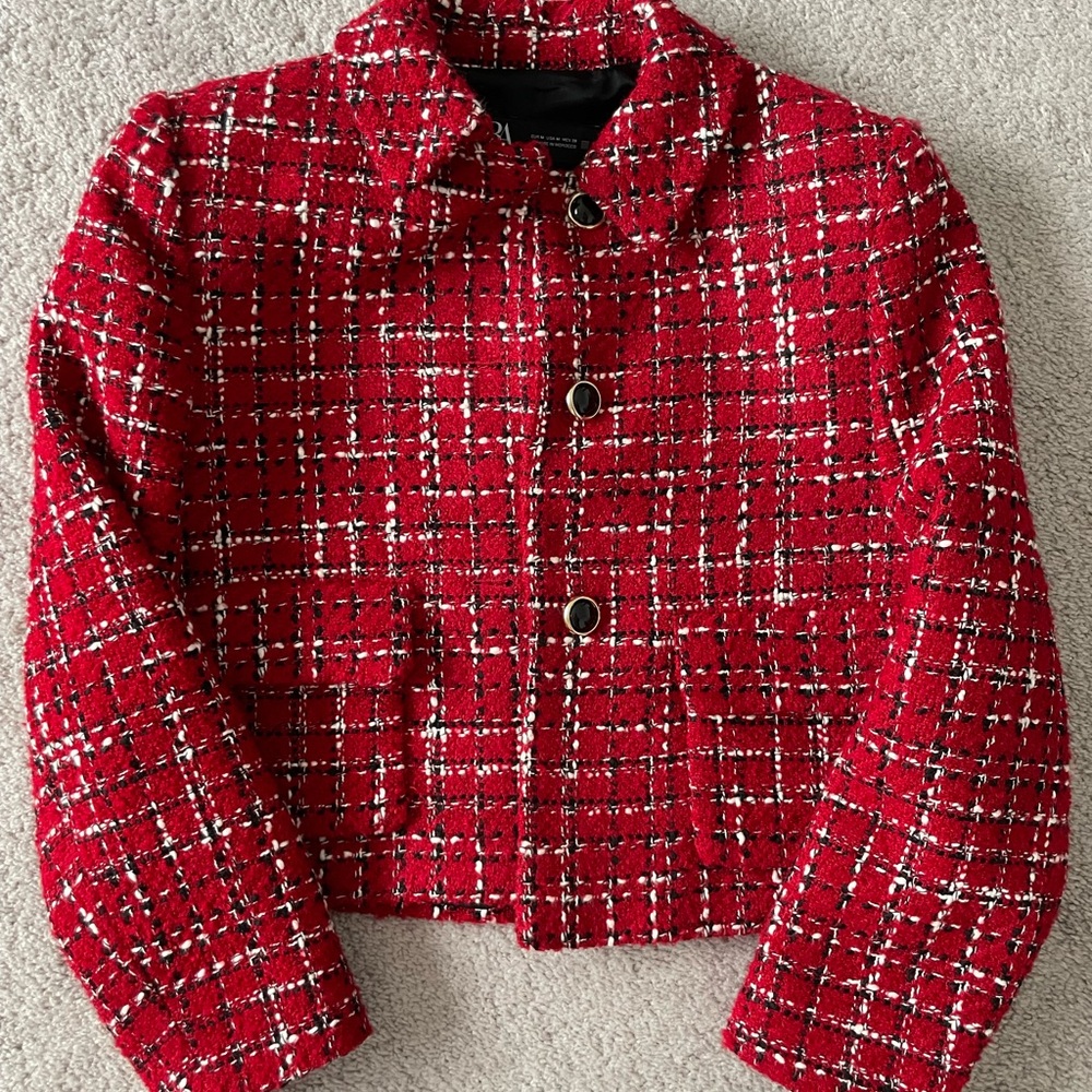Zara Red and Black Tweed Blazer Jacket